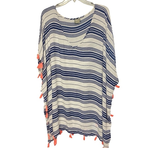 ASOS Other - ASOS Swimsuit Cover Up Size 14 Navy White Stripes Hot Pink Tassels Pool Beach